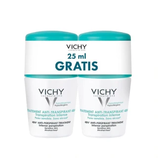 Vichy deodorant roll on z antiperspirantom za uravnavanje potenja, 48 h, 50 ml, dvojno pakiranje, 25 ml gratis